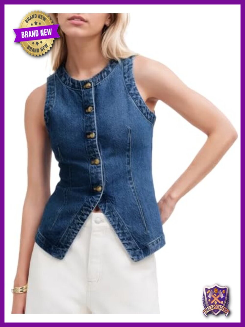Sleeveless Denim Vest Button Down Front Slit Casual Jean Waistcoat Tank Top